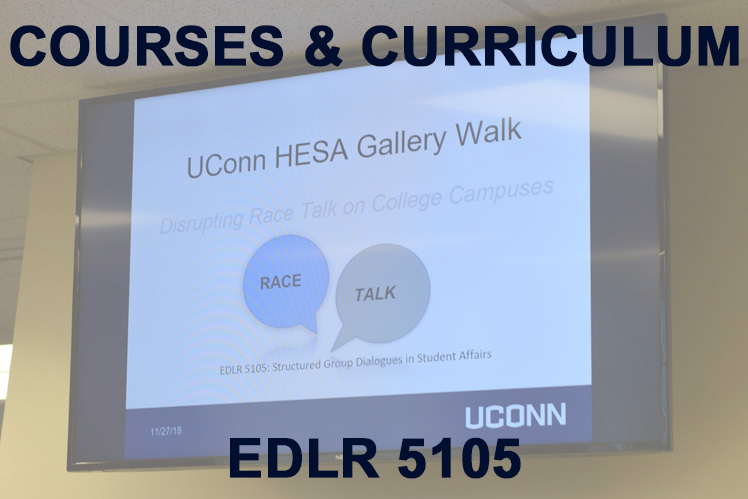 A photo of the opening slideshow presentation stating UConn HESA Gallery Walk, disrupting race talk on college campuses. Text reads: Courses & Curriculum, EDLR 5105
